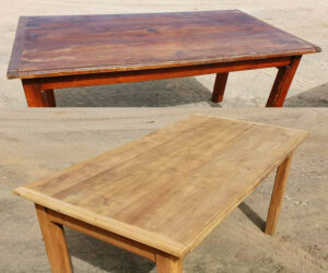 Table en bois, avant / après aérogommage